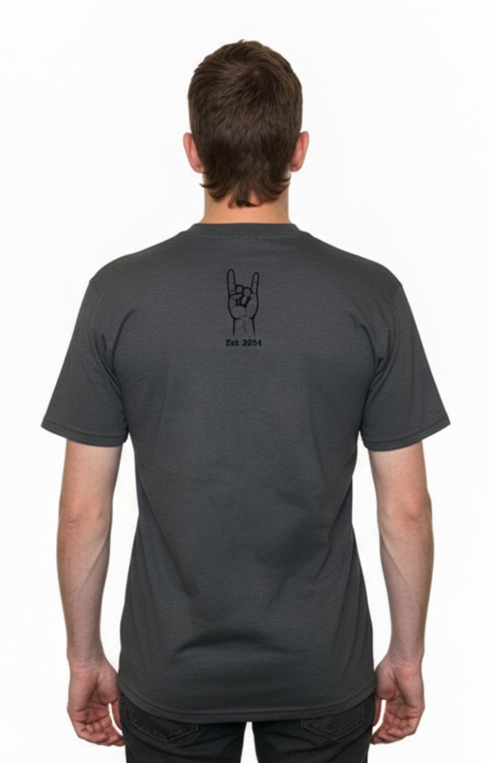 Person wearing a dark gray t-shirt with a design on the back, standing against a white background