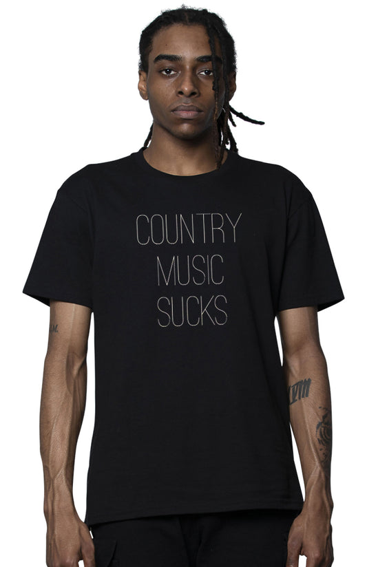 Person wearing a black t-shirt with 'COUNTRY MUSIC SUCKS' text on a white background