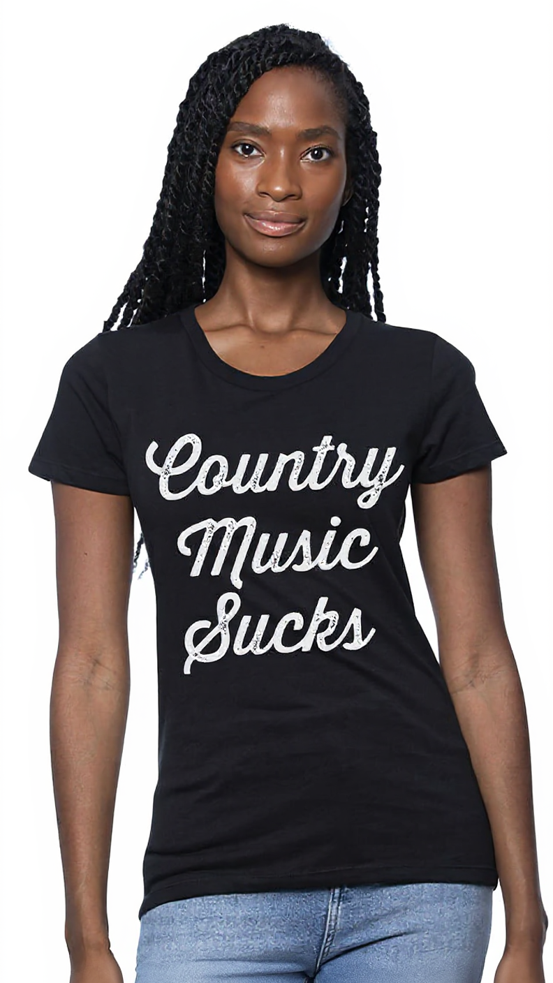 Person wearing a black t-shirt with 'Country Music Sucks' text on a white background