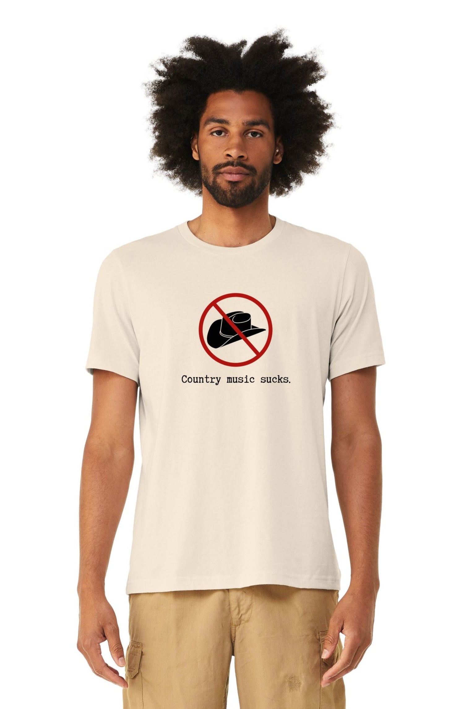 Man wearing a white t-shirt with a graphic design and text on a white background